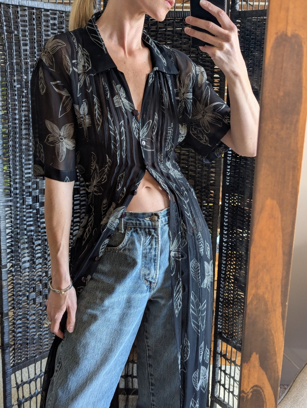 Plus size vintage 1990s Sheer Black & White leaf & flower Duster Dress